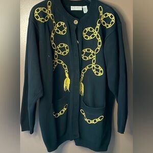 Vintage Liz Claiborne Gold Chain Embroidered Cardigan Sweater Size 2X